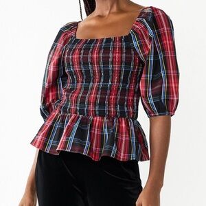Draper James RSVP Plaid Smocked Peplum Top Red 90’s Plaid Size XXL NWT
